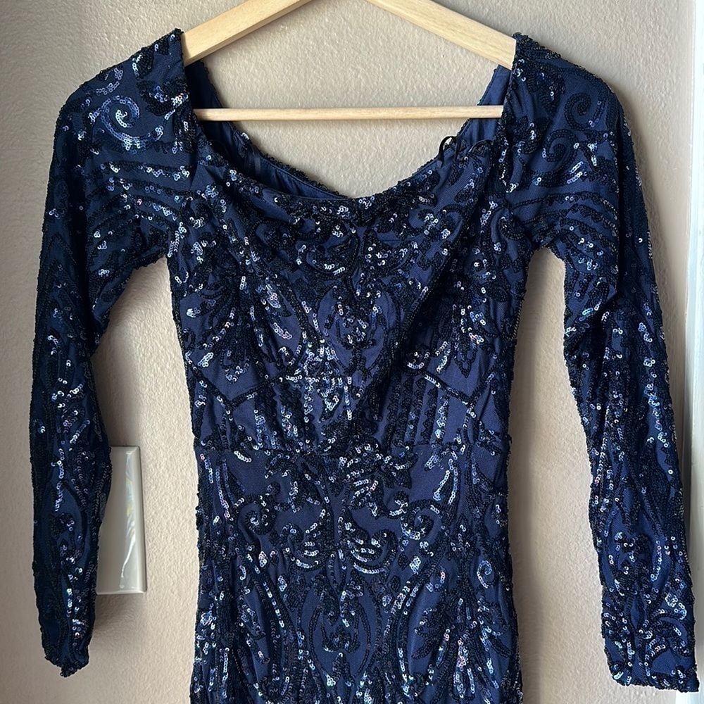 WINDSOR Navy Blue Sequin Long Floor Length Gown